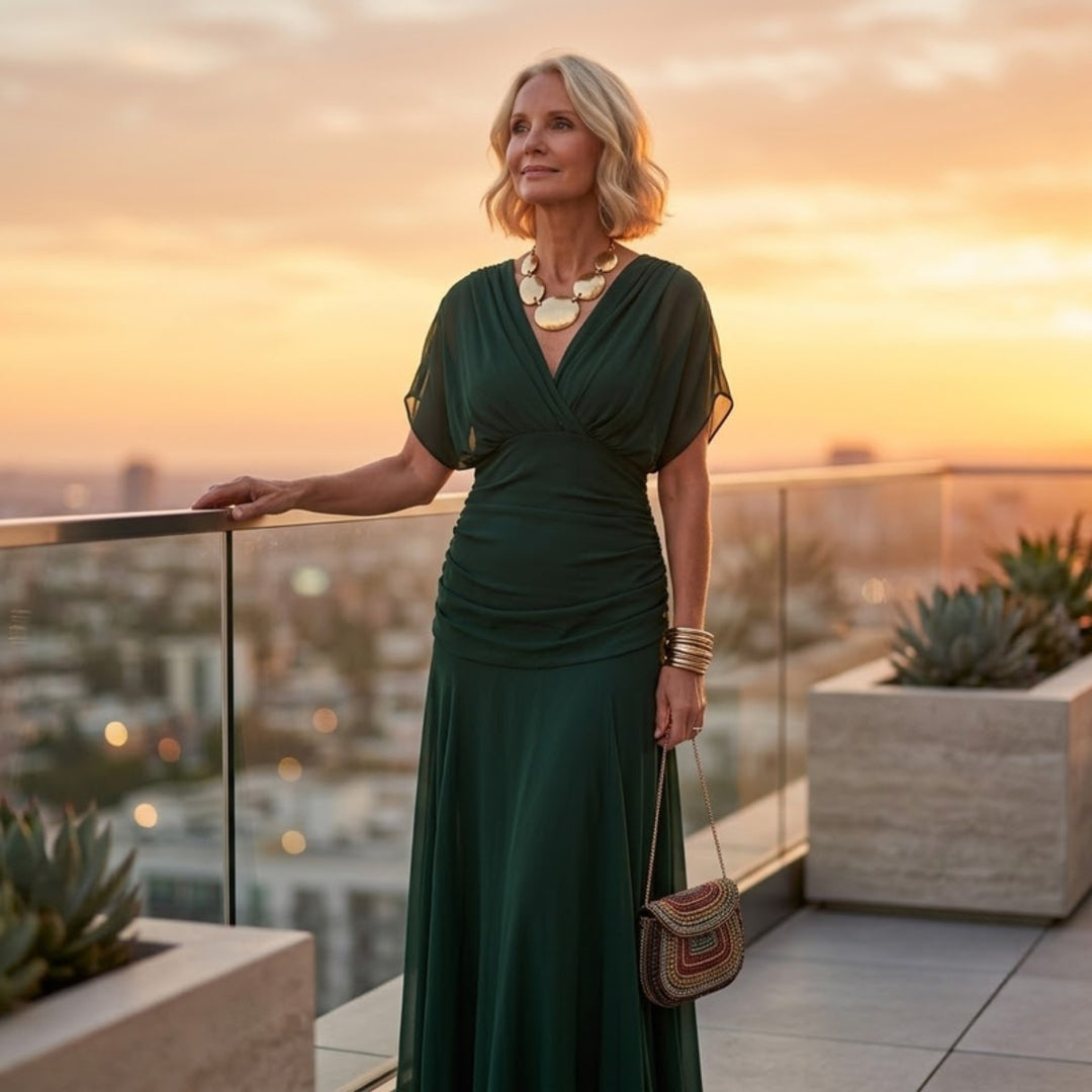 Amalfi Chiffon Maxi Dress in Green - sunset rooftop