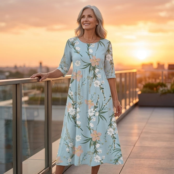 Celeste Floral Print Midi Dress - Heublauw - Sunset