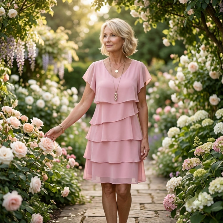 Isabella Cocktail Dress in Pink - garden pathway