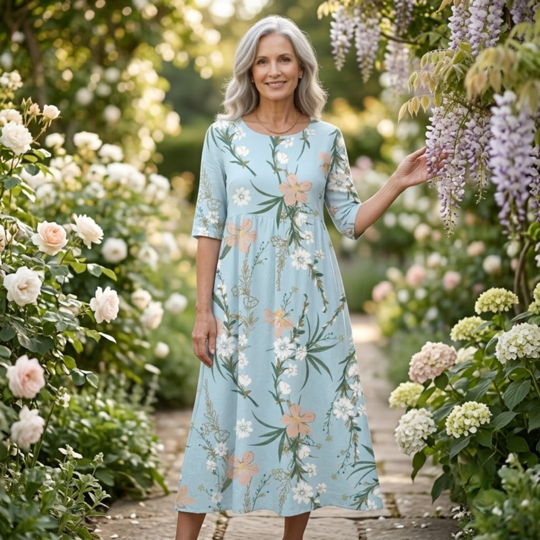 Celeste Floral Print Midi Dress - Heublauw - Garden