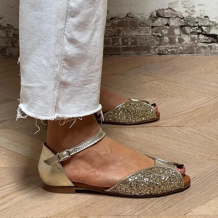 Barbara | Golden Sparkle Flat Sandals