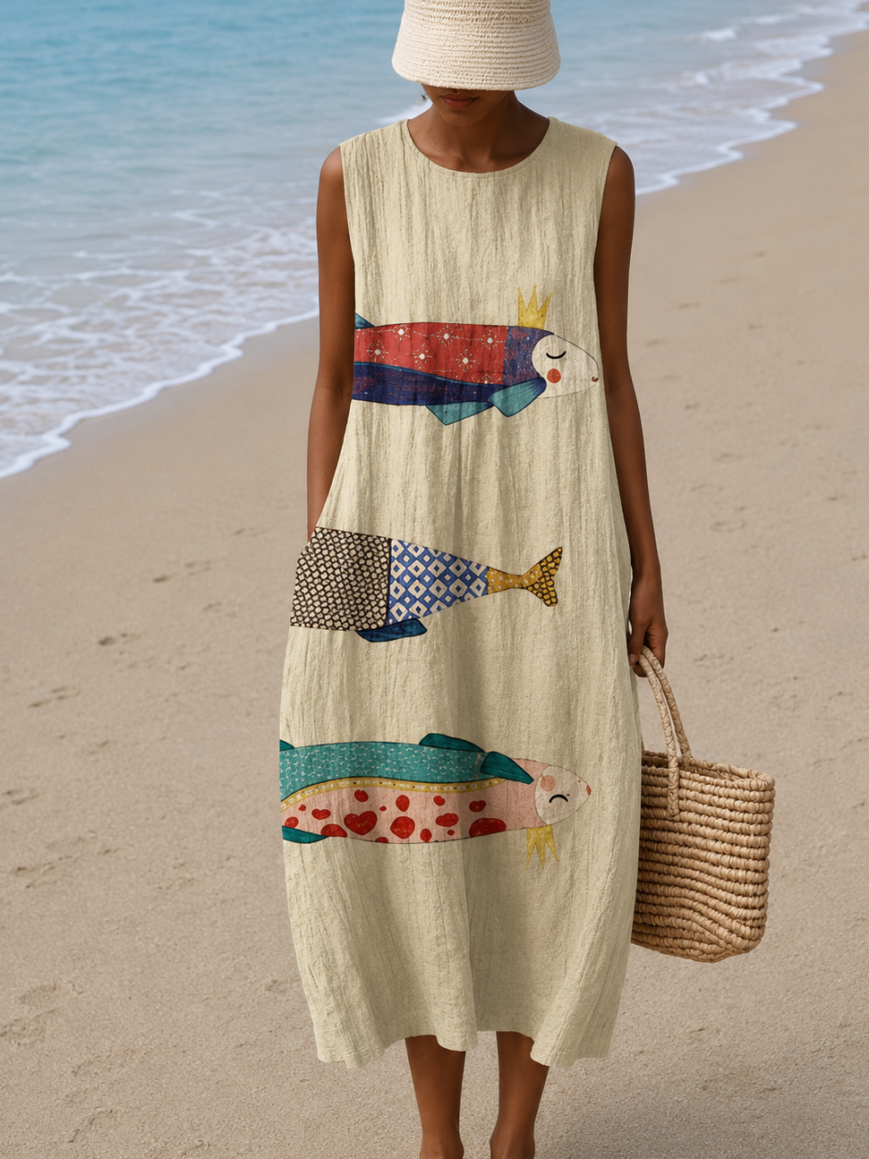 Addison - Women's Sleeveless Printed Beach Midi Dress Loose