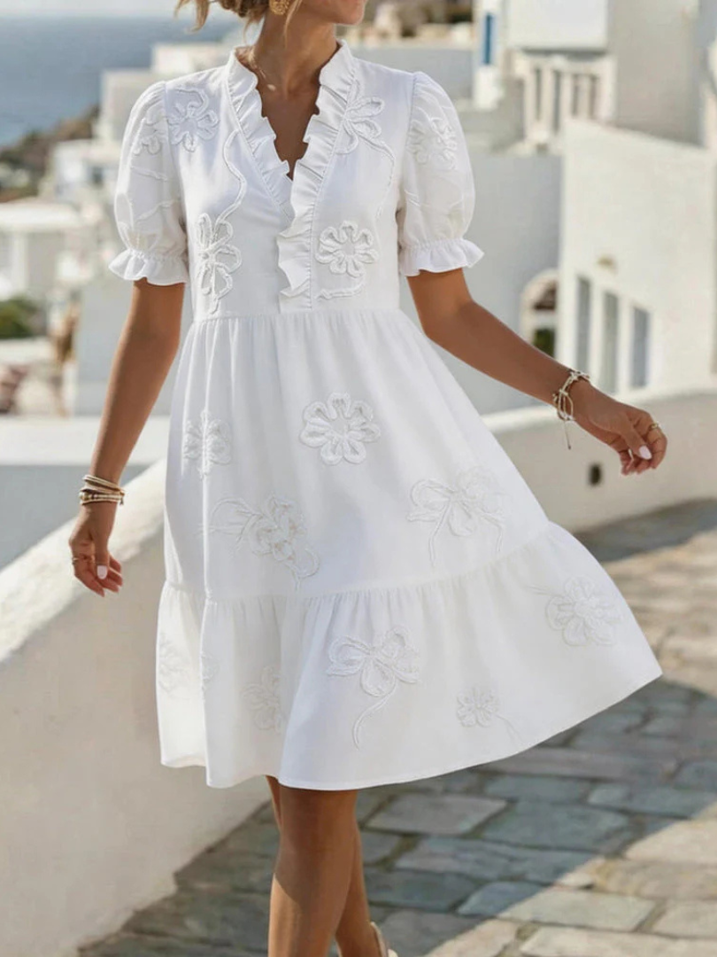 Bellina™ Embroidered Ruffle V-Neck Puff Sleeve Dress - White