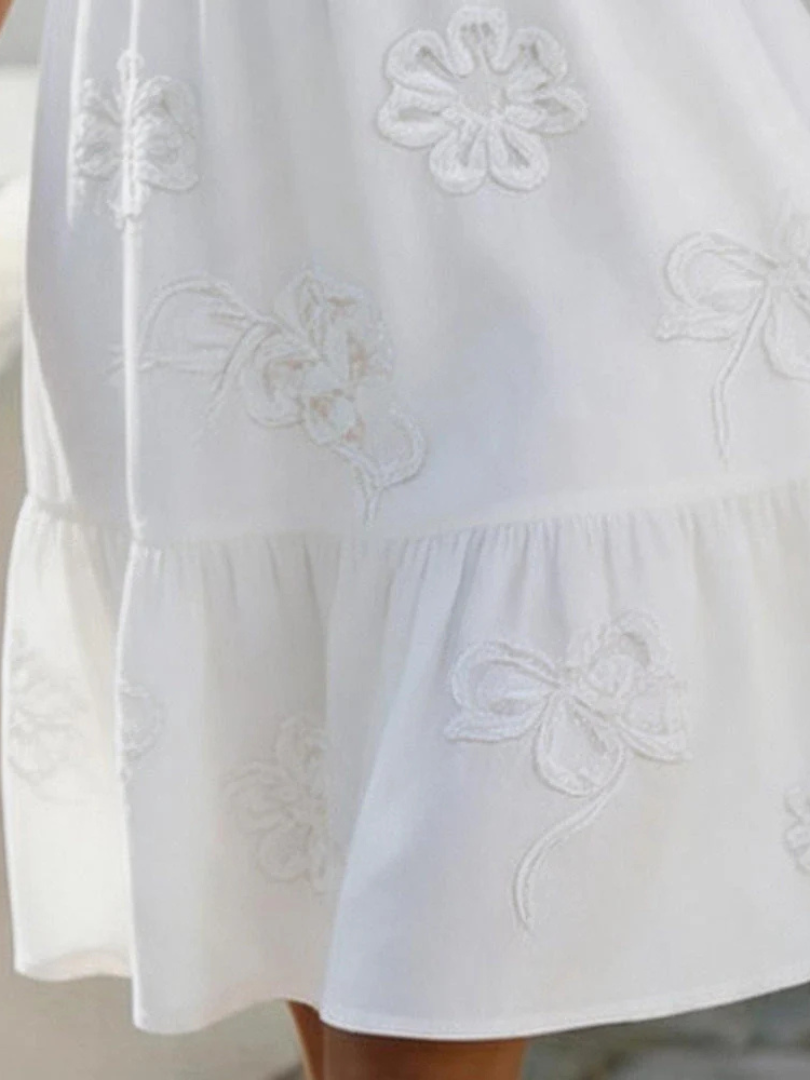 Bellina™ Embroidered Ruffle V-Neck Puff Sleeve Dress - White 2