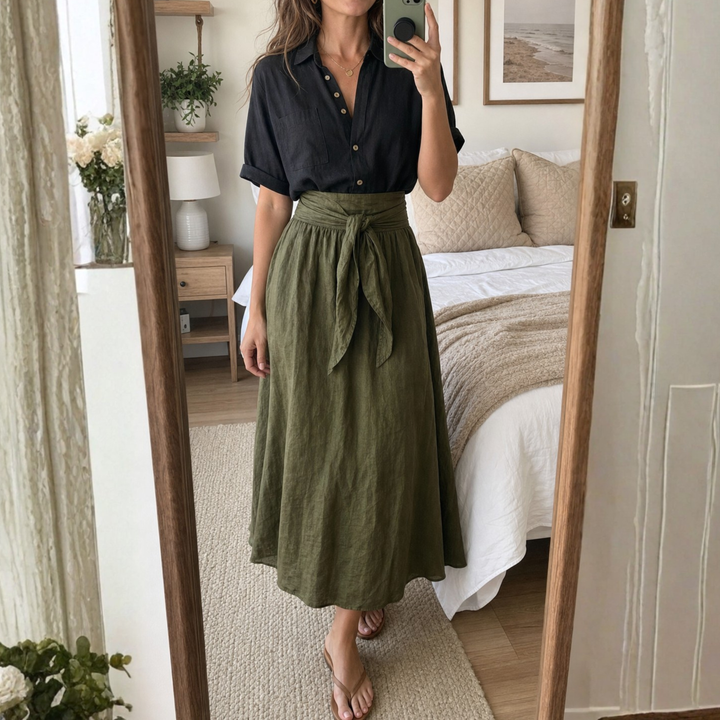 Ashley Set — Black Linen Shirt & Olive Midi Skirt