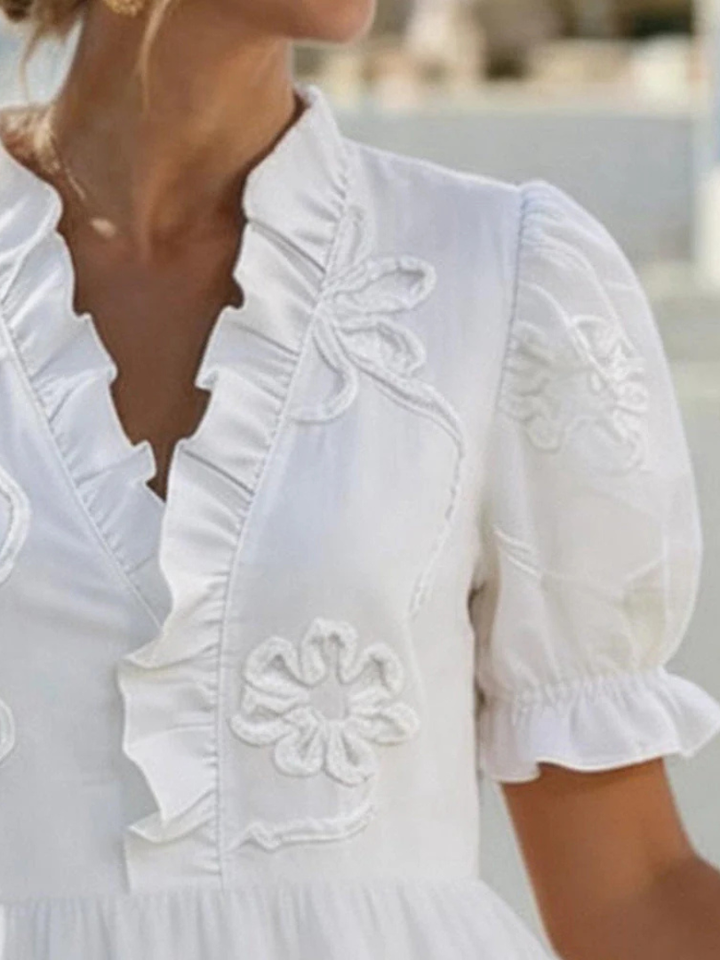 Bellina™ Embroidered Ruffle V-Neck Puff Sleeve Dress - White 3
