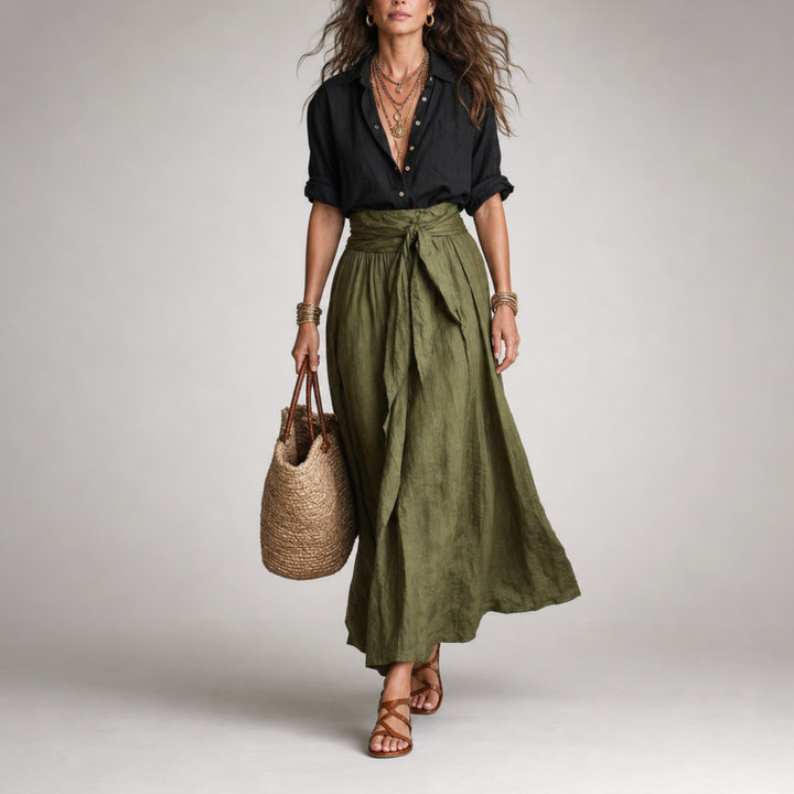 Ashley Set — Black Linen Shirt & Olive Midi Skirt