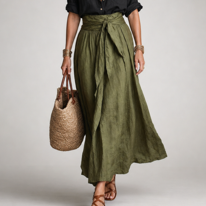 Ashley Set — Black Linen Shirt & Olive Midi Skirt