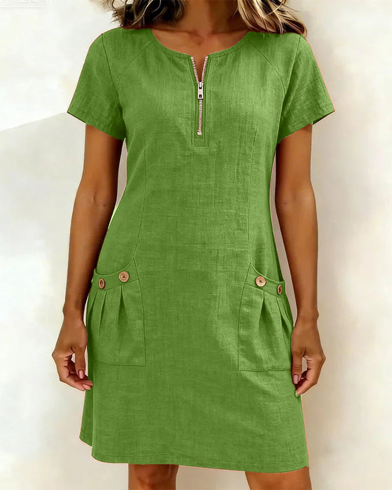 Noelia™ Elegant Front Zipper Pocket Dress - Green