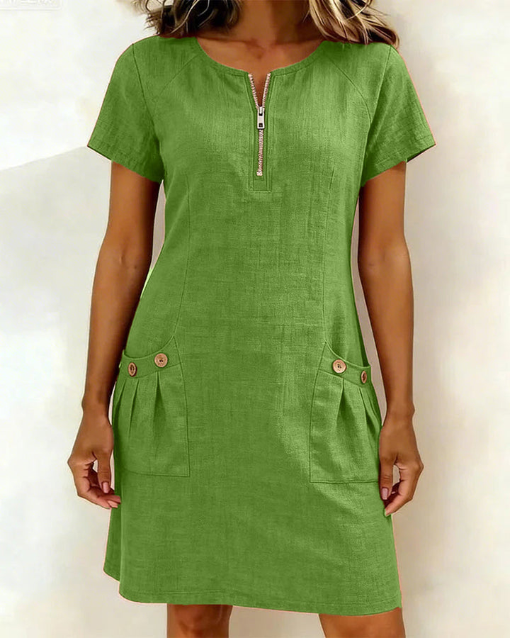 Noelia™ Elegant Front Zipper Pocket Dress - Green