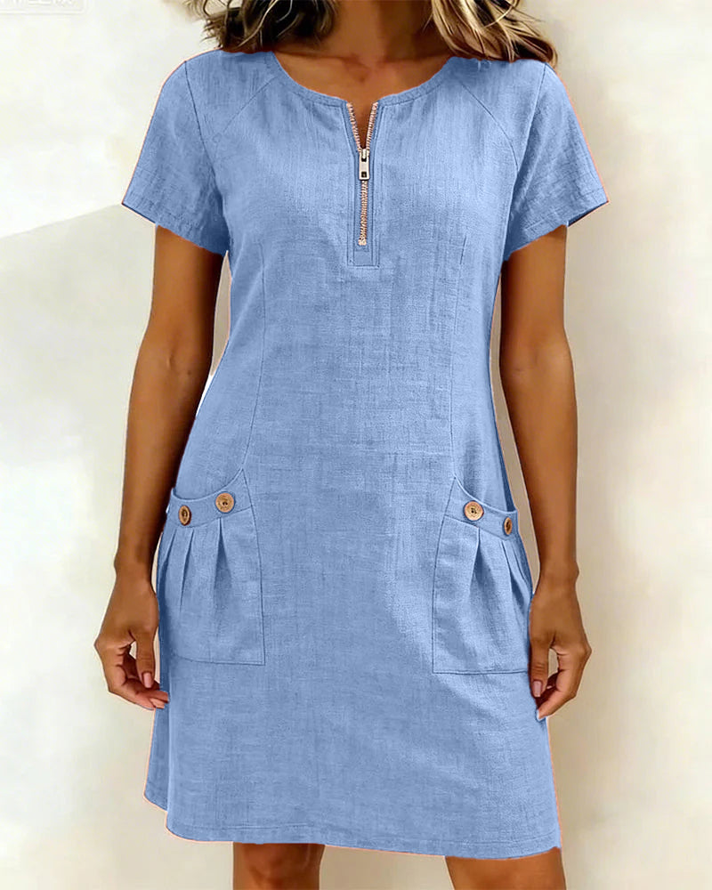 Noelia™ Elegant Front Zipper Pocket Dress - Blue