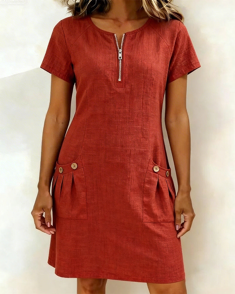 Noelia™ Elegant Front Zipper Pocket Dress - Red