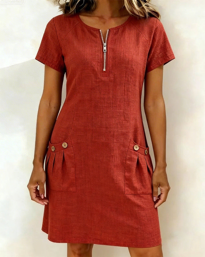 Noelia™ Elegant Front Zipper Pocket Dress - Red