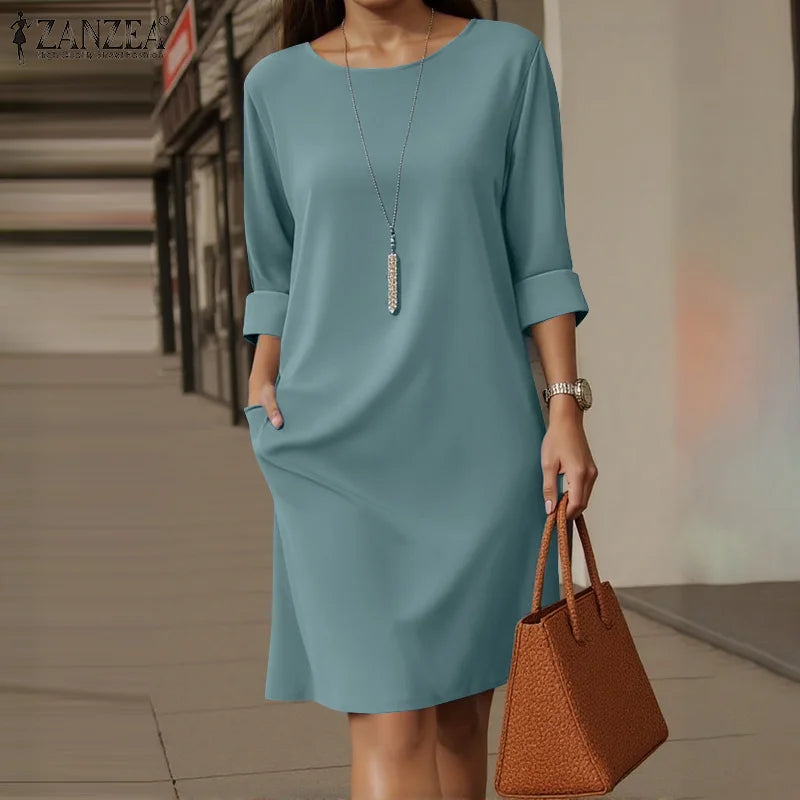 Amber 3/4 Sleeve Casual Dress - Blue
