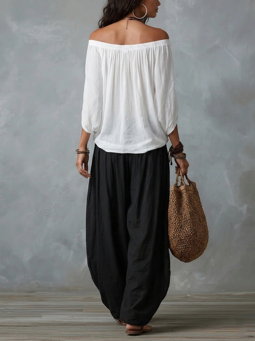 Chloe | White Off-the-Shoulder Top and Loose Lantern Pants Set