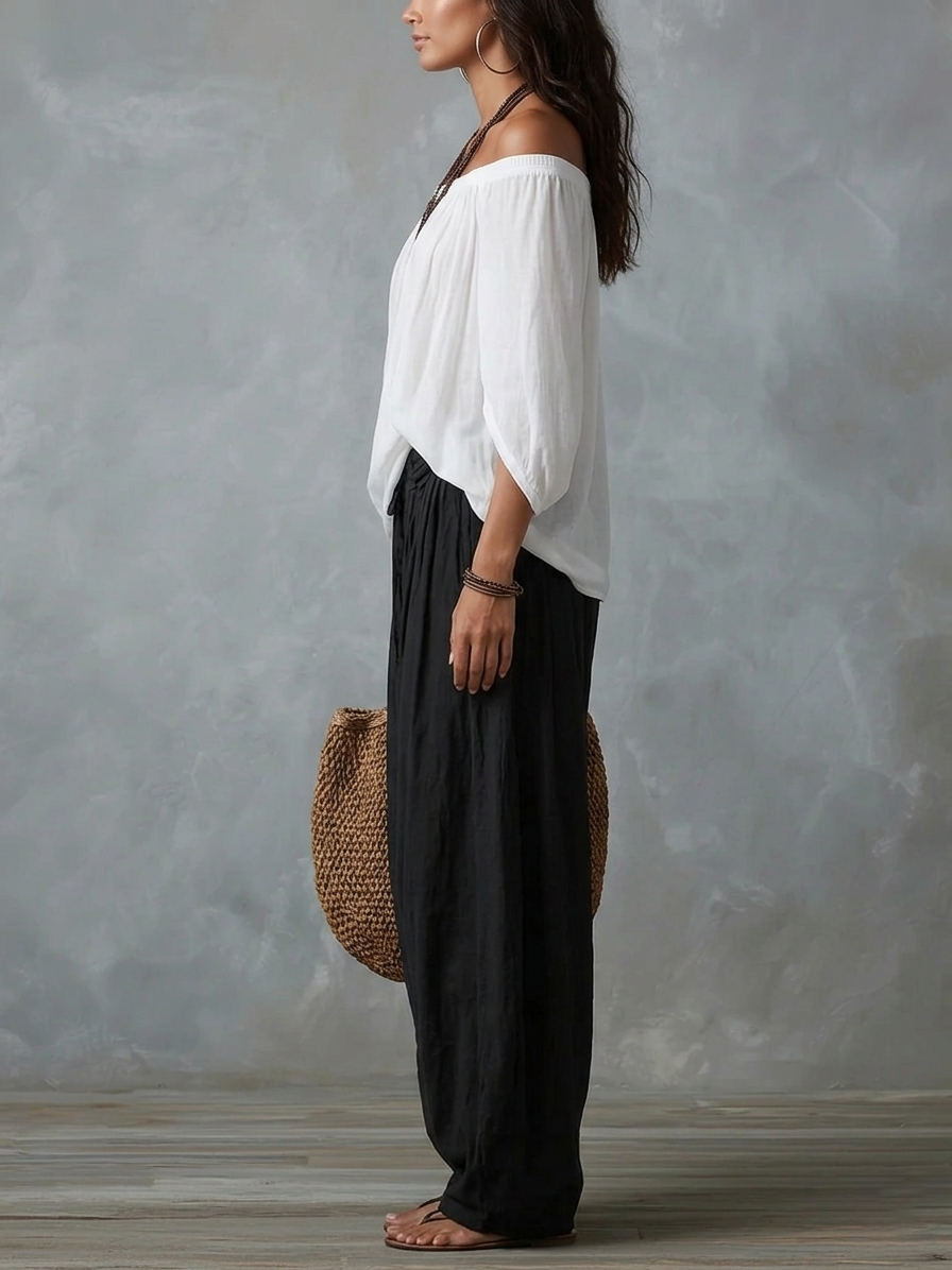 Chloe | White Off-the-Shoulder Top and Loose Lantern Pants Set