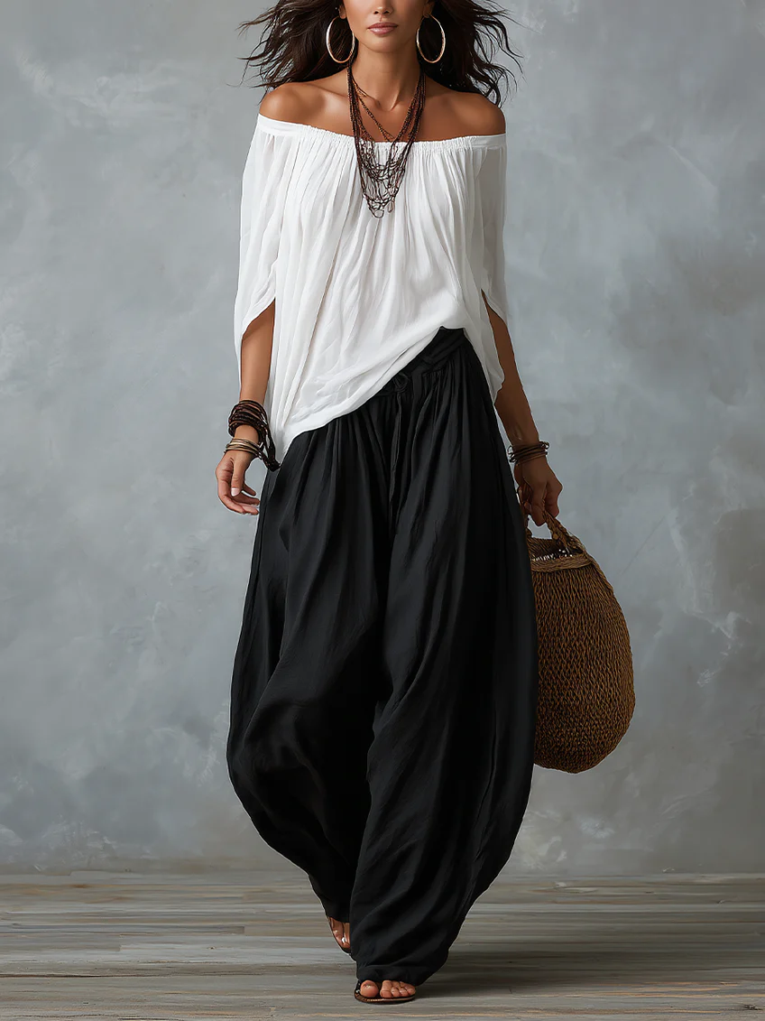 Chloe | White Off-the-Shoulder Top and Loose Lantern Pants Set