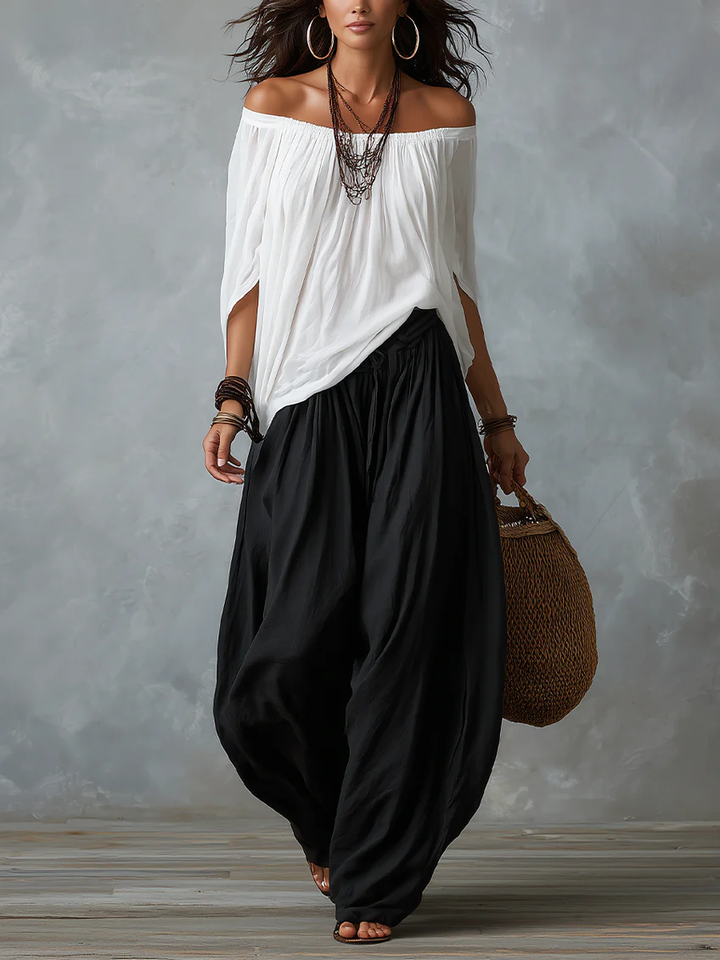 Chloe | White Off-the-Shoulder Top and Loose Lantern Pants Set