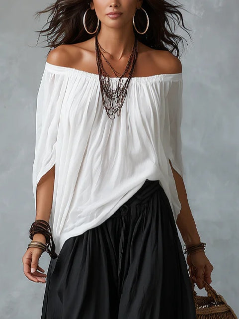 Chloe | White Off-the-Shoulder Top and Loose Lantern Pants Set